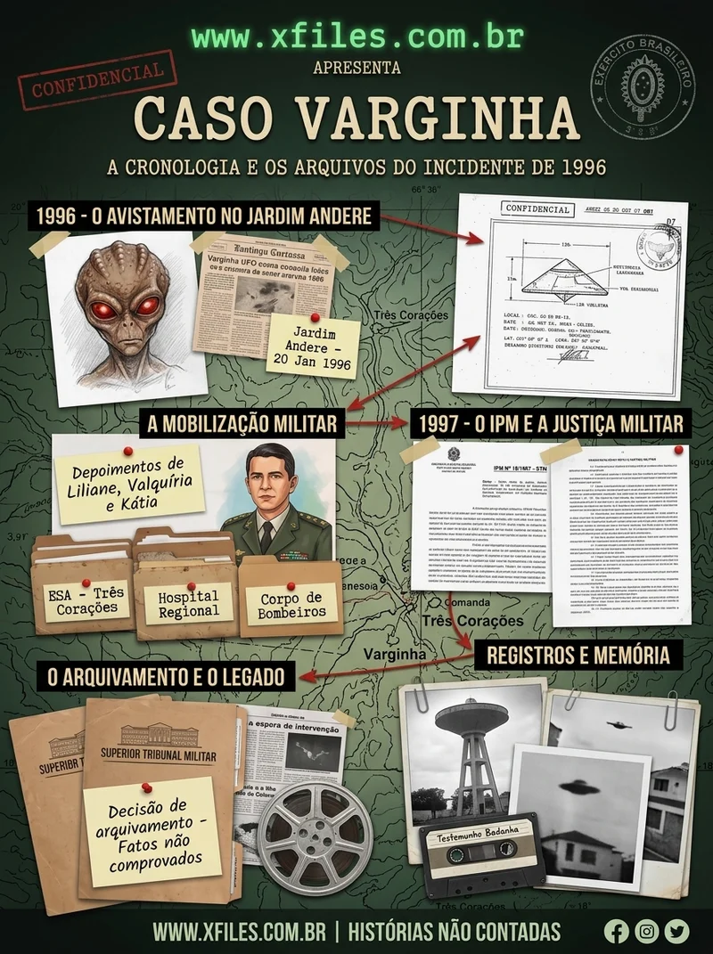 Prévia do pôster Caso Varginha: quadro de investigação em verde militar sobre um mapa estilizado de Minas Gerais, com a cronologia de 1996 e 1997, o relato do Jardim Andere, a mobilização militar, o IPM nº 18/1997 e o monumento da nave espacial.